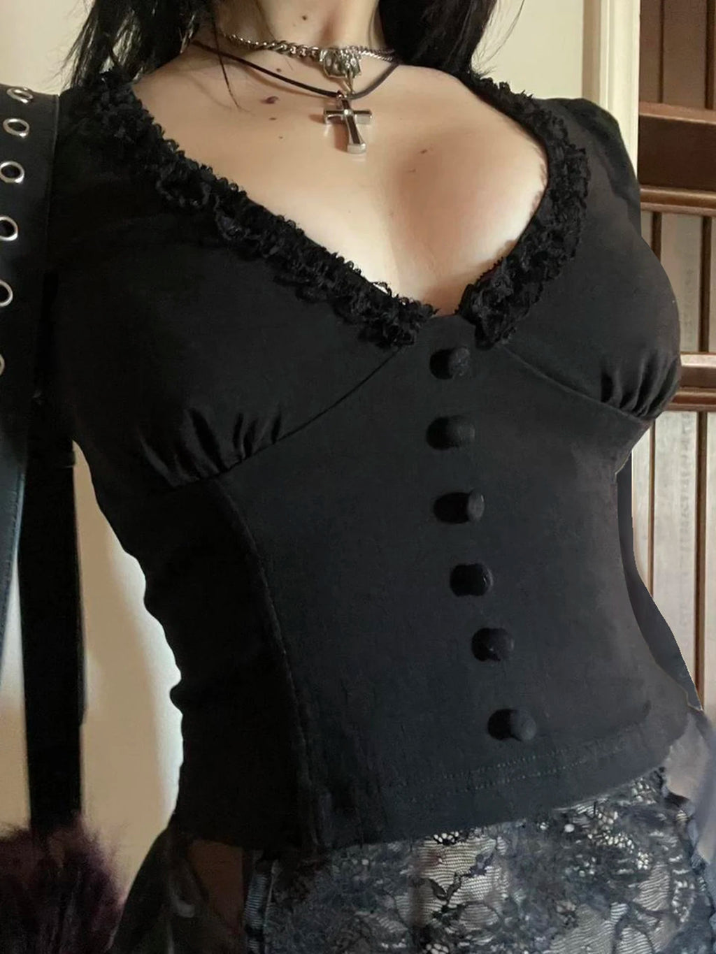 Lace Button Sleeve Knit Top