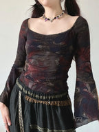 Floral Square Collar Knit Top