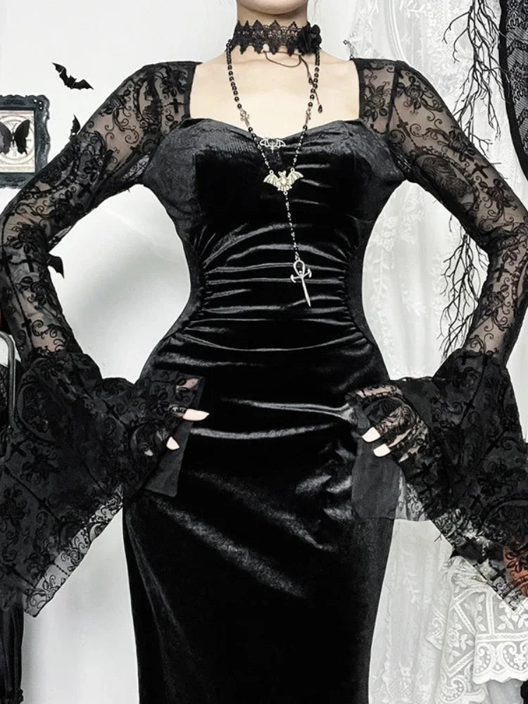 Vintage Flare Sleeve Square Collar Maxi Dress