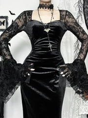 Vintage Flare Sleeve Square Collar Maxi Dress