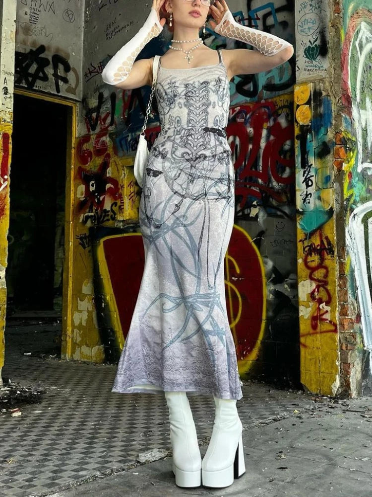Emo Y2K Butterfly Printed High Waist Maxi Dress