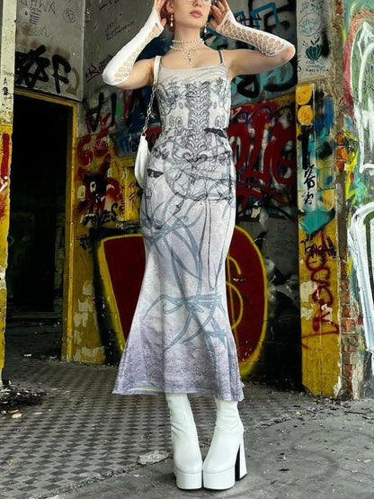 Emo Y2K Butterfly Printed High Waist Maxi Dress