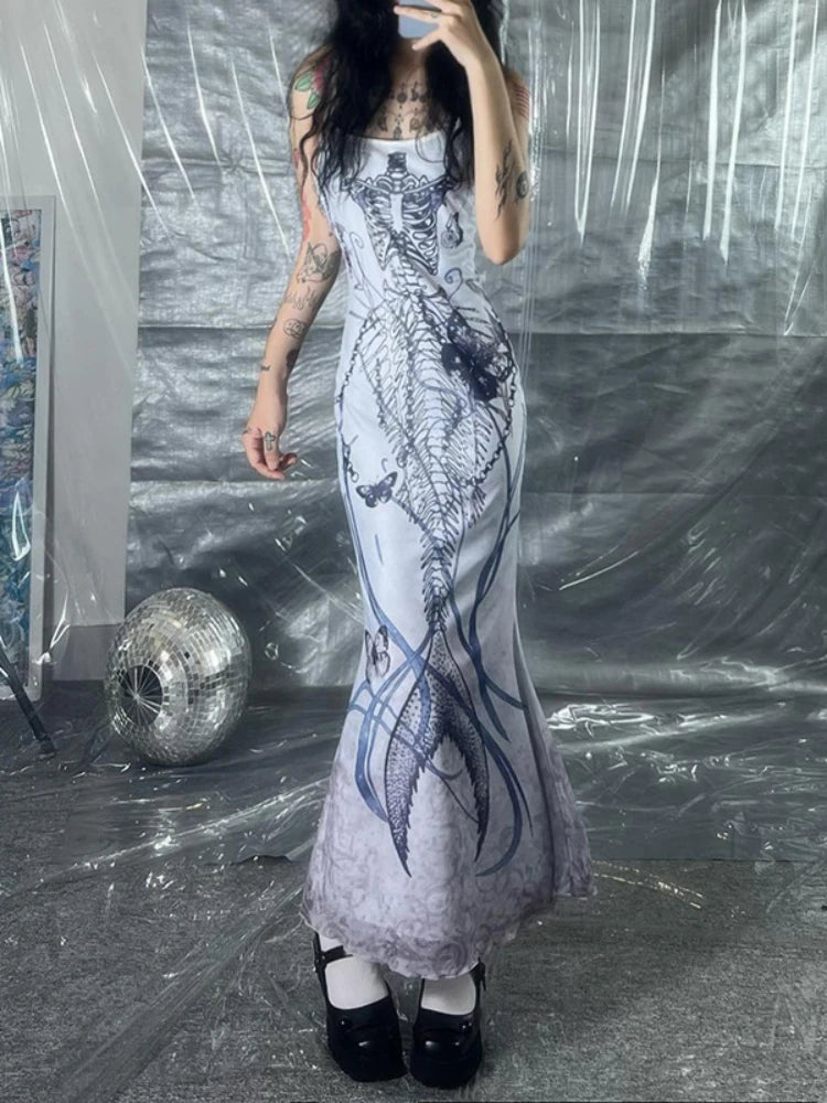 Emo Y2K Butterfly Printed High Waist Maxi Dress