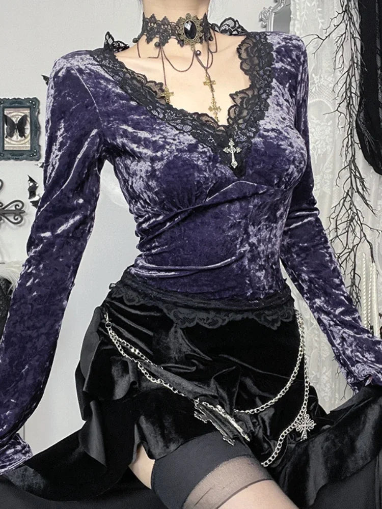 Velvet Lace Patchwork Knit Top