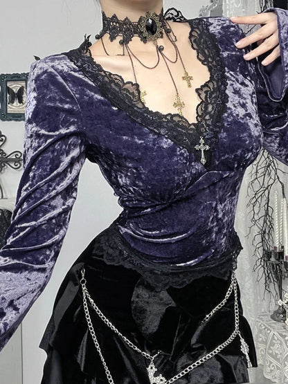 Velvet Lace Patchwork Knit Top