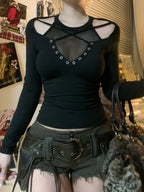 Mesh Hollow Sleeve Knit Top