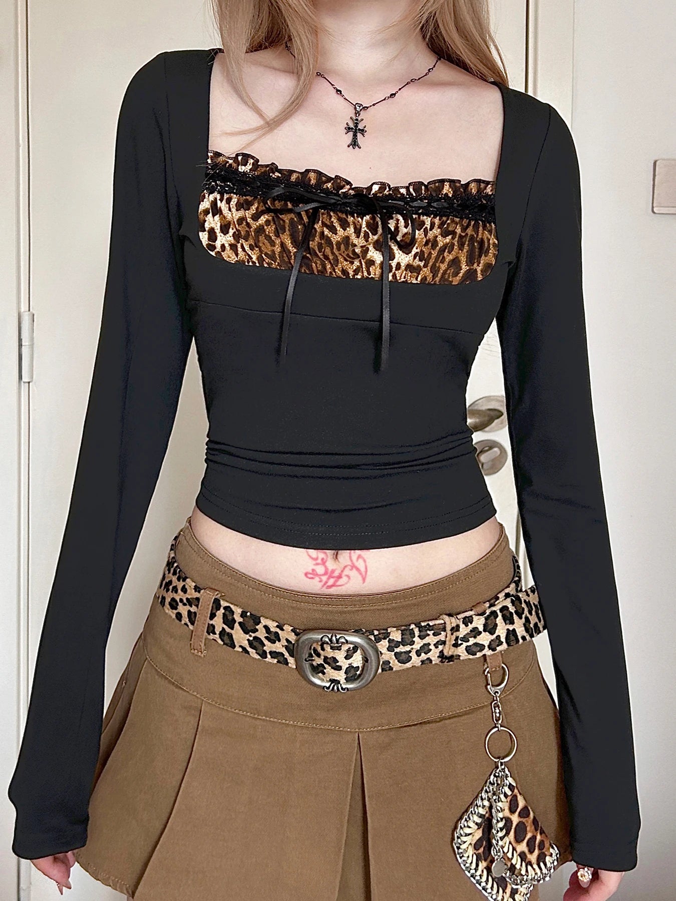 Leopard Square Collar Knit Top Main image