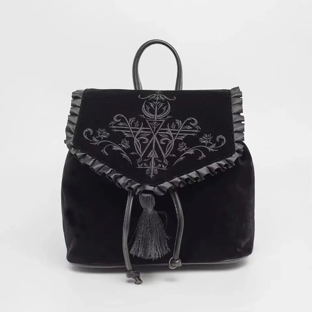 Witch Harajuku Magic Embroidery Velvet Gothic Punk Rock Backpack Bag Black / 28X11X30Cm Halloween
