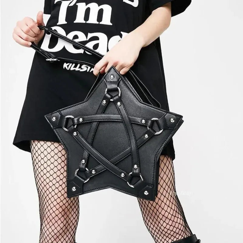 Black Gothic Pentagram Unisex Punk Designer Casual Retro Fashion Leather Bag Black Halloween