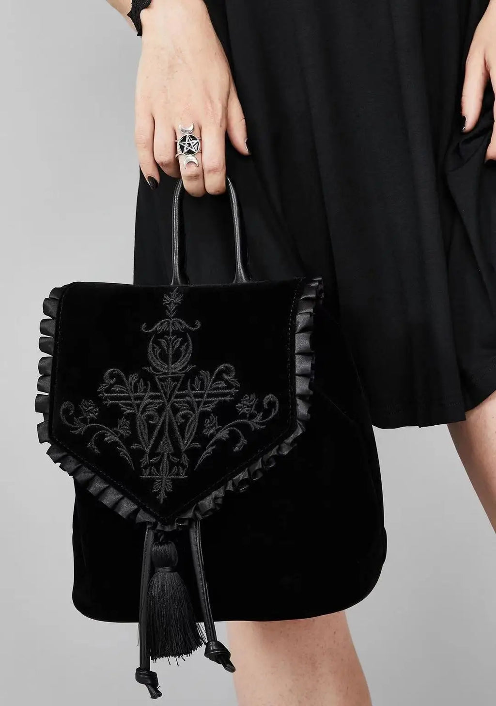 Black Gothic Velvet Witch Harajuku Magic Embroidery Dark Punk Rock Shoulder Bag Halloween