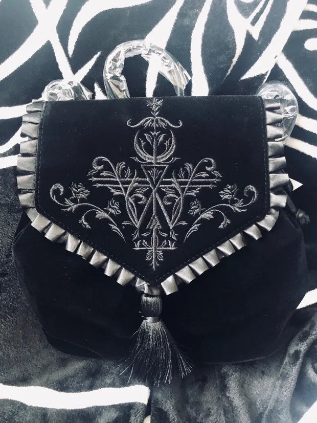 Black Gothic Velvet Witch Harajuku Magic Embroidery Dark Punk Rock Shoulder Bag Halloween