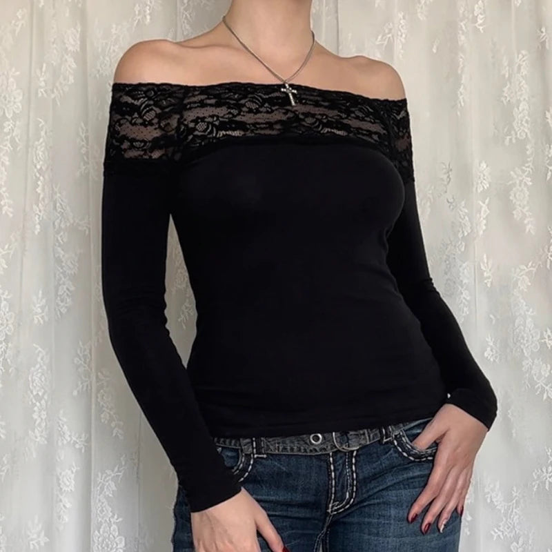 Lace Slash Neck Knit Top Secondary image
