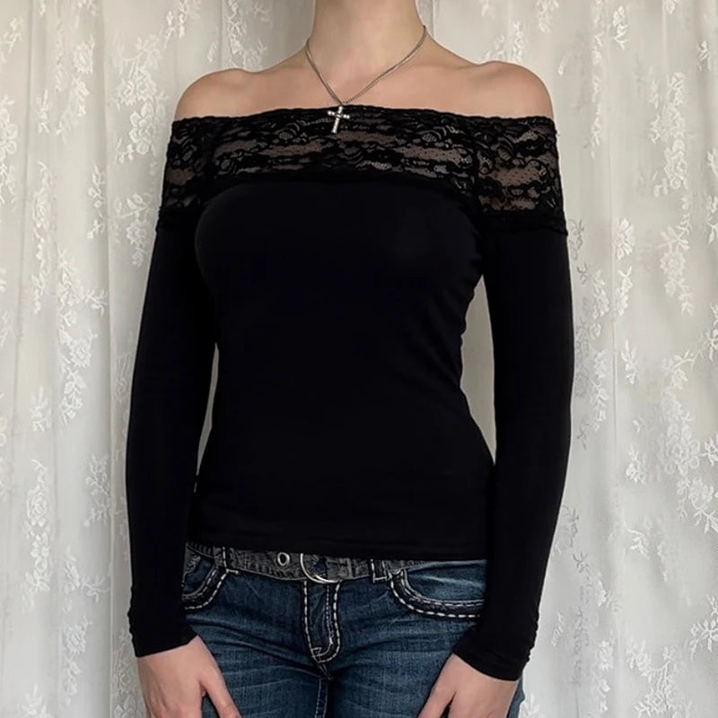Lace Slash Neck Knit Top Main image