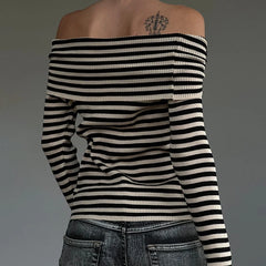 Striped Slash Neck Knit Top