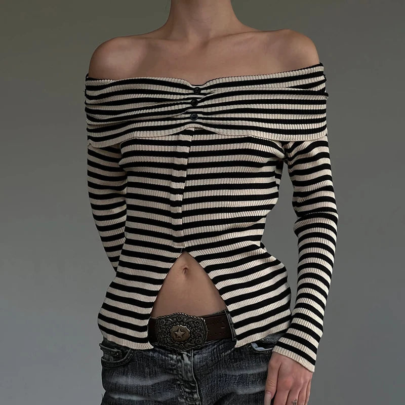 Striped Slash Neck Knit Top Main image