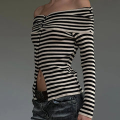 Striped Slash Neck Knit Top