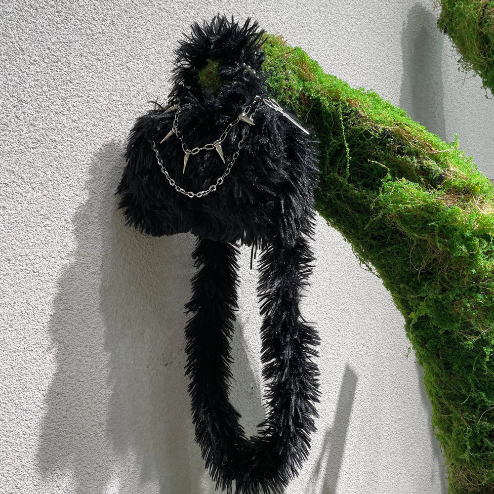 Cool Chain Gothic Rock Shoulder Leather Furry Y2K Crossbody Bag Black Halloween