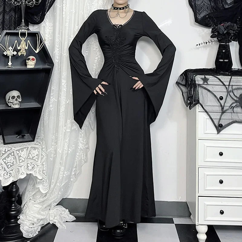 Flared Sleeve Witch V-Neck Maxi Dress