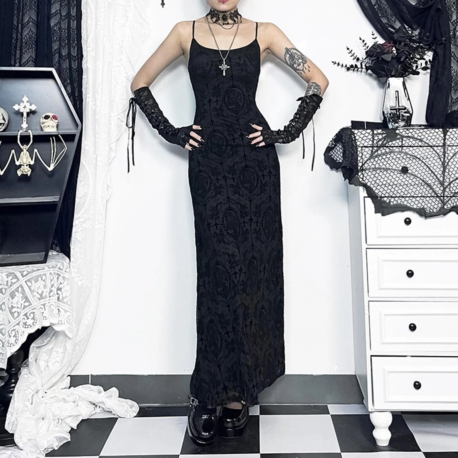 Cross Flocking Mesh Party Maxi Dress