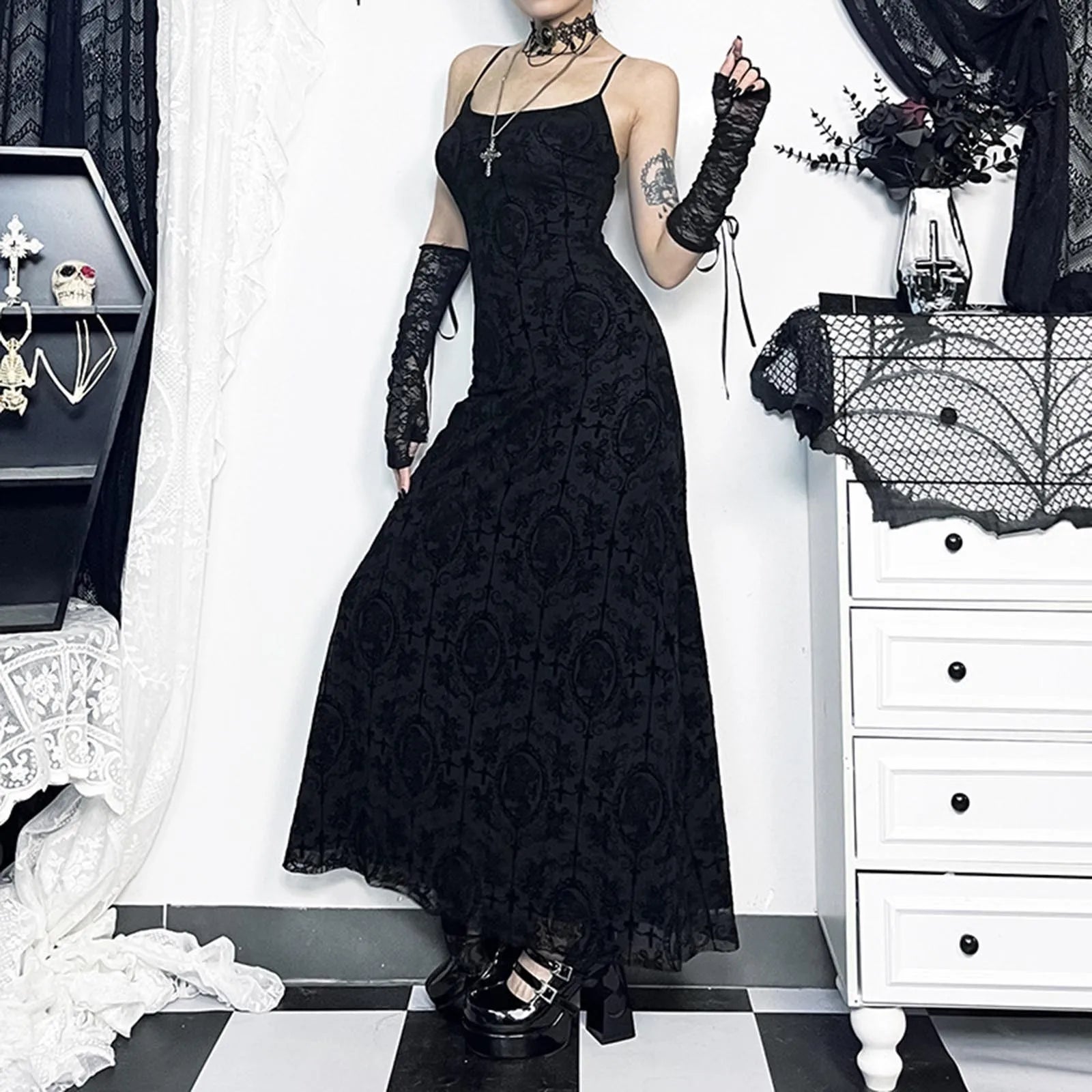 Cross Flocking Mesh Party Maxi Dress