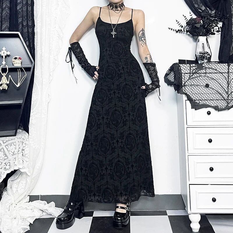 Flocking Mesh Party Sling Maxi Dress