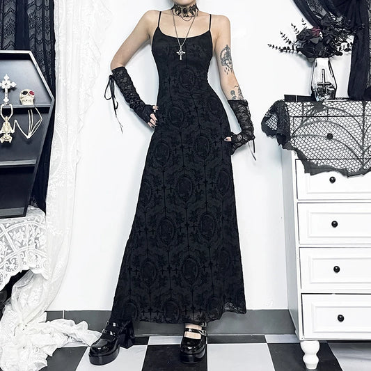 Flocking Mesh Party Sling Maxi Dress