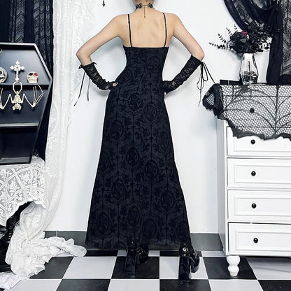 Flocking Mesh Party Sling Maxi Dress