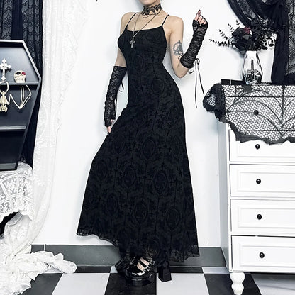 Flocking Mesh Party Sling Maxi Dress