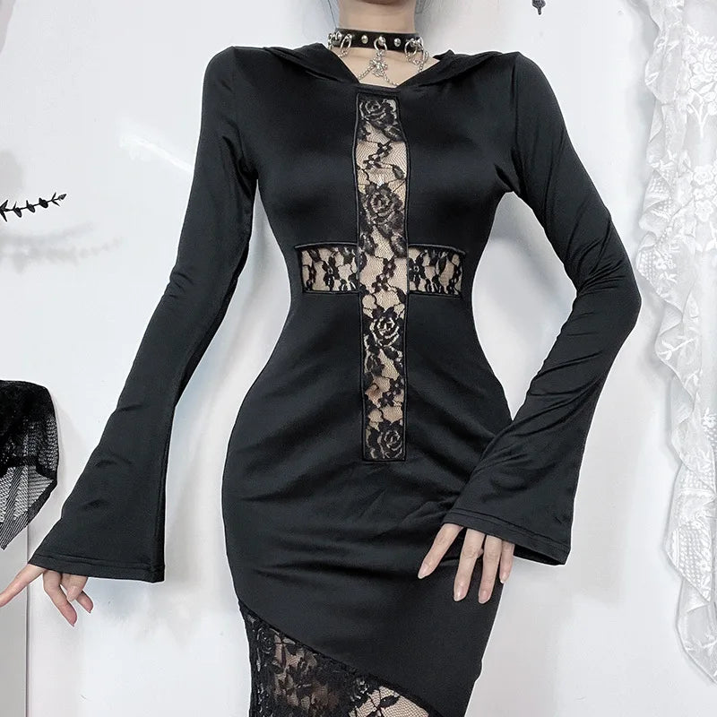 Hooded Cross Hollow Lace Maxi Dress Secondary image