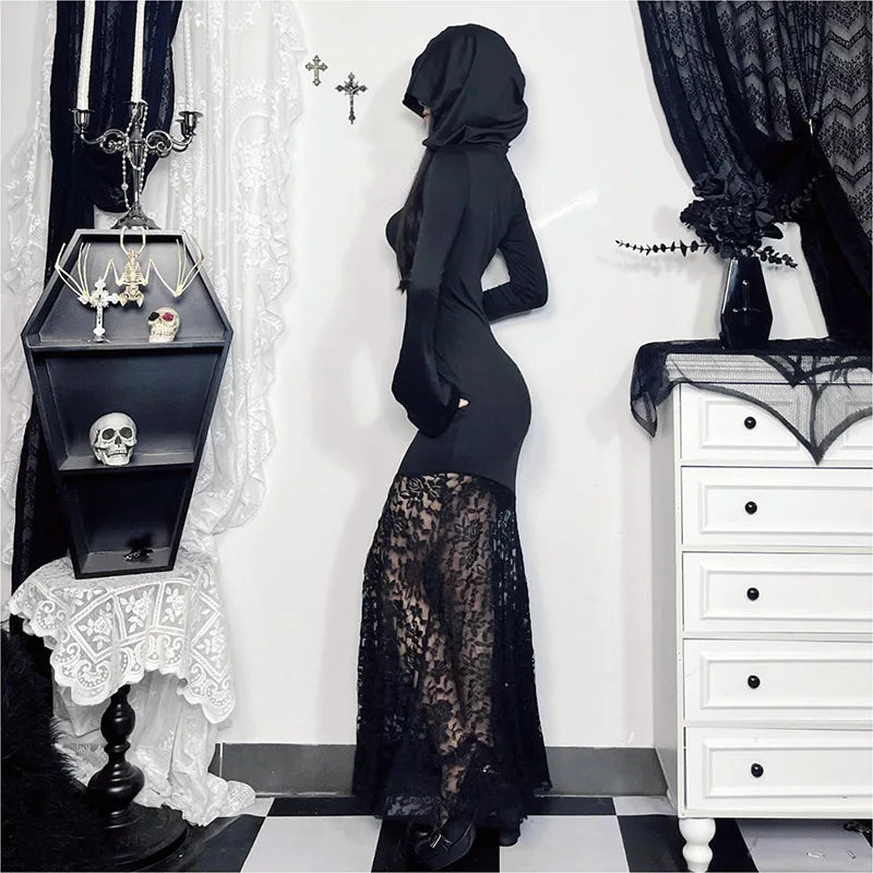 Hooded Cross Hollow Lace Maxi Dress