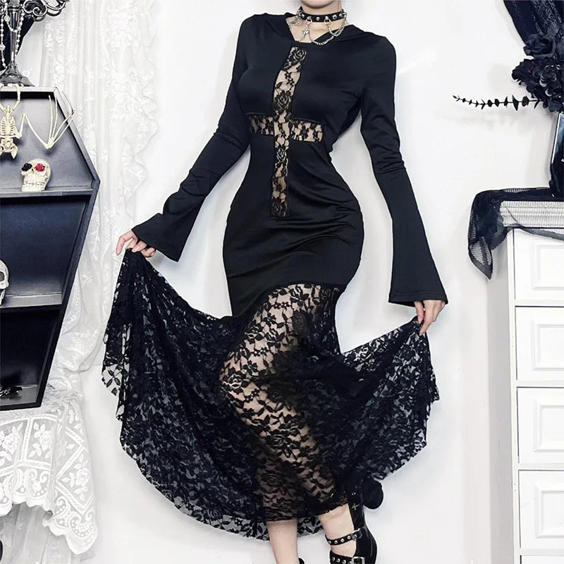 Hooded Cross Hollow Lace Maxi Dress Main image