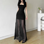 Strapless Hooded Bow Mesh Maxi Dress