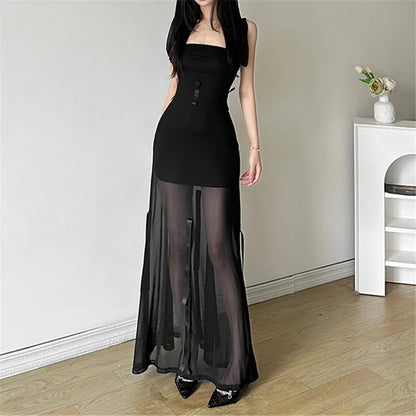 Strapless Hooded Bow Mesh Maxi Dress