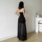 Strapless Hooded Bow Mesh Maxi Dress