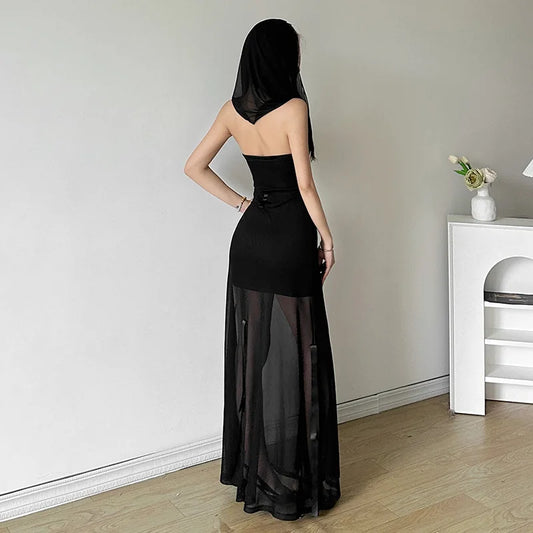 Strapless Hooded Bow Mesh Maxi Dress