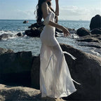 Strapless Hooded Bow Mesh Maxi Dress