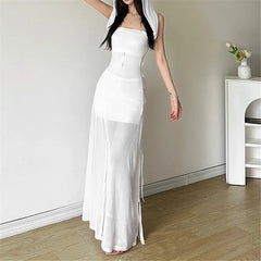 Strapless Hooded Bow Mesh Maxi Dress
