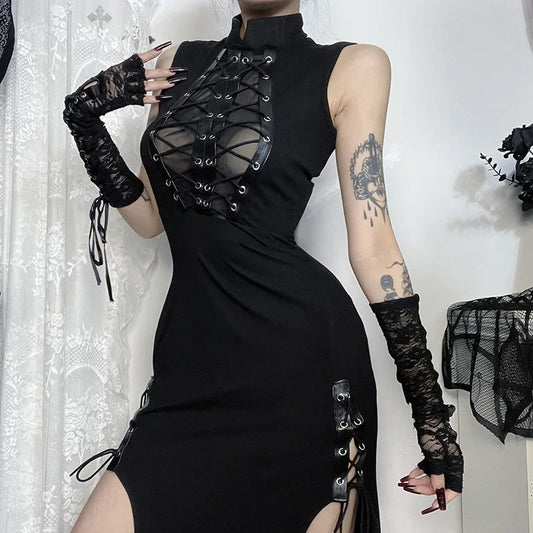 Sheer Patchwork Bandage Hem Midi Dress