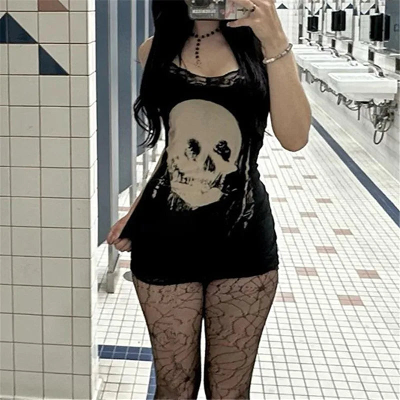 Skull Print Straps Mini Dress