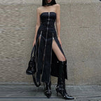 Techwear Zip Up Split Black Midi Dress