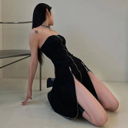 Techwear Zip Up Split Black Midi Dress