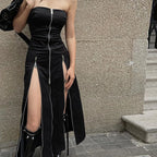 Techwear Zip Up Split Black Midi Dress