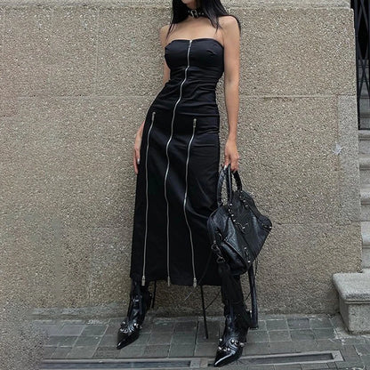 Techwear Zip Up Split Black Midi Dress