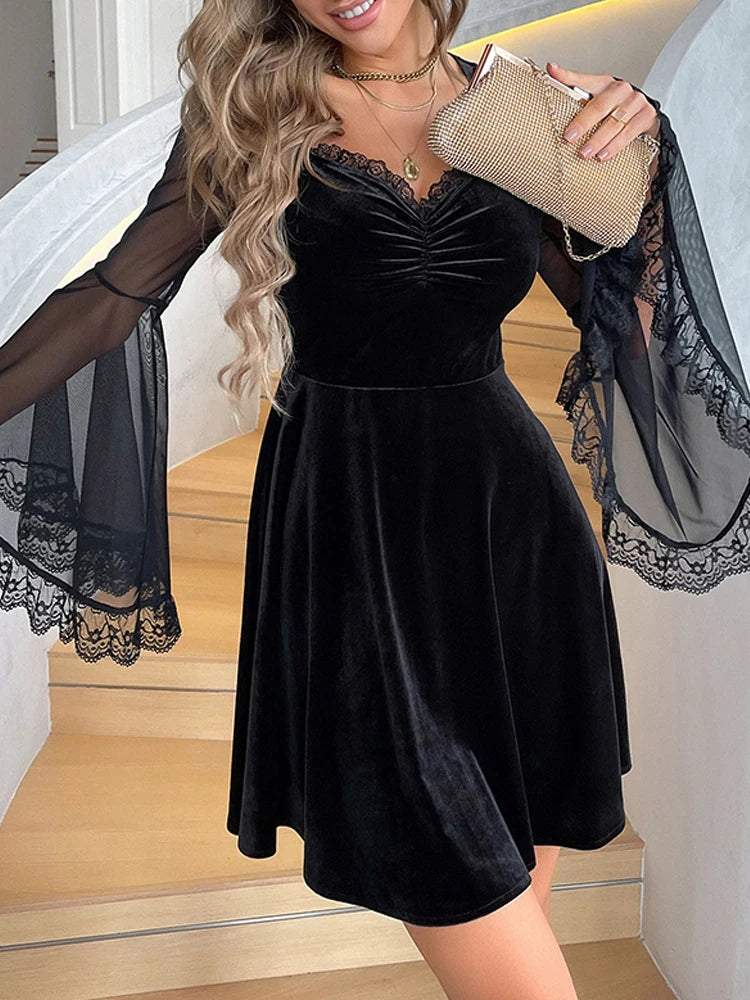 Velvet Mesh Flare Mini Dress
