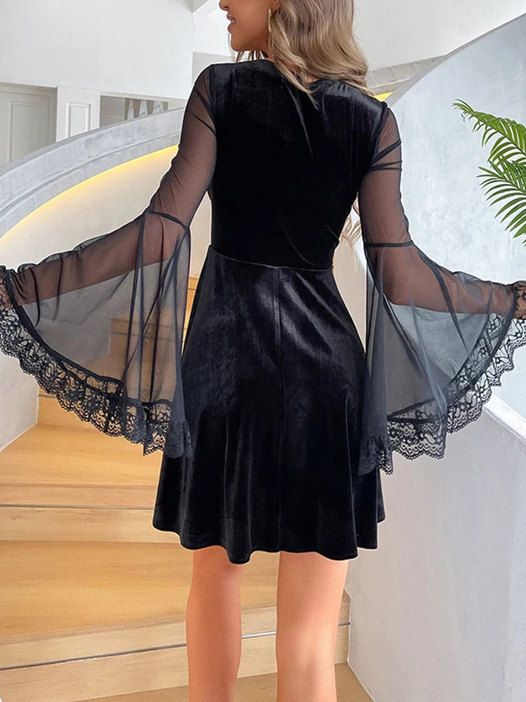Velvet Mesh Flare Mini Dress
