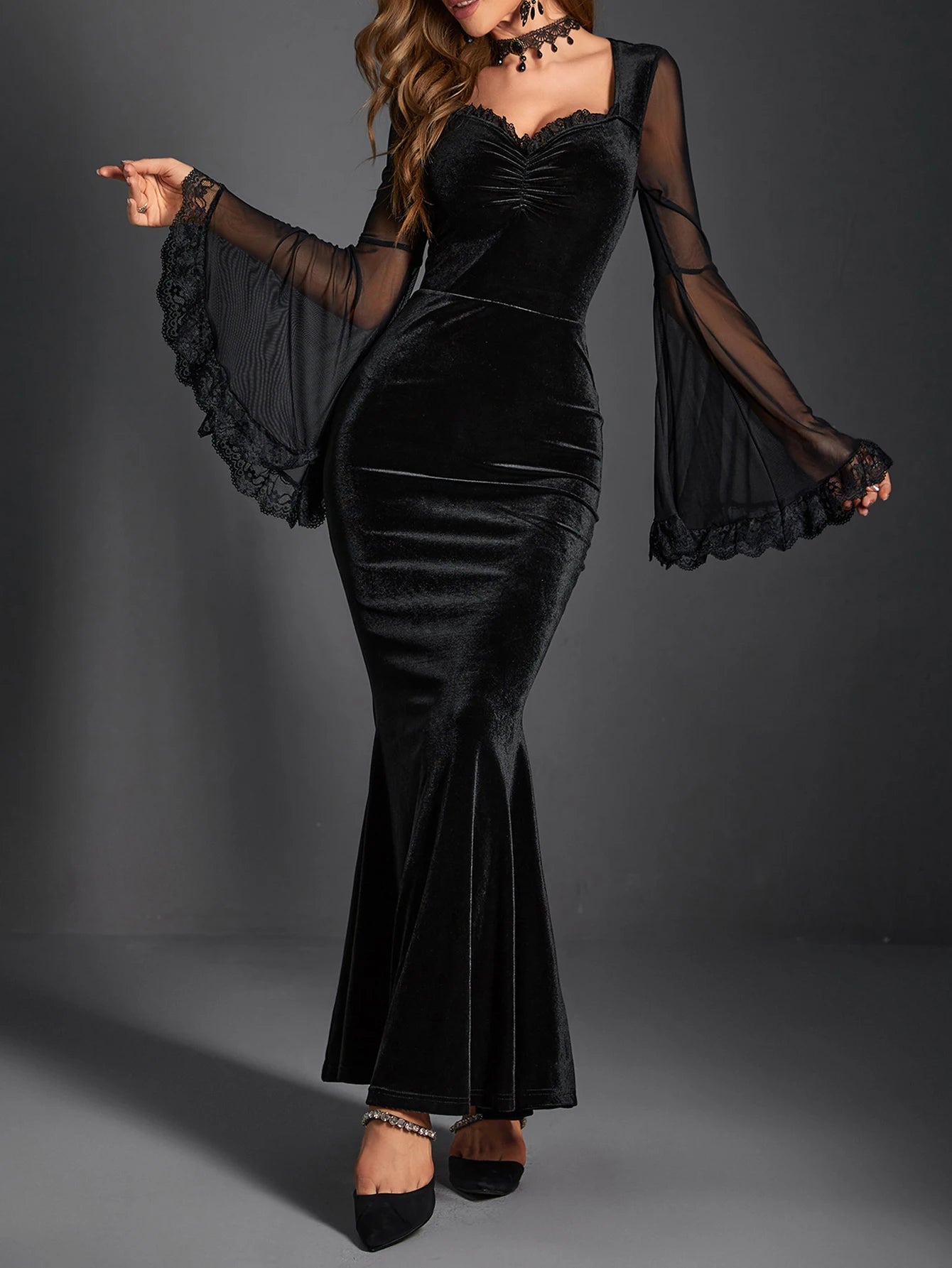 Ruched Mesh Flare Sleeve Maxi Dress