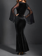 Ruched Mesh Flare Sleeve Maxi Dress