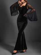 Ruched Mesh Flare Sleeve Maxi Dress