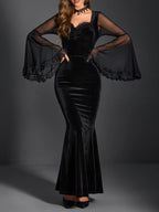 Ruched Mesh Flare Sleeve Maxi Dress