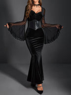 Ruched Mesh Flare Sleeve Maxi Dress